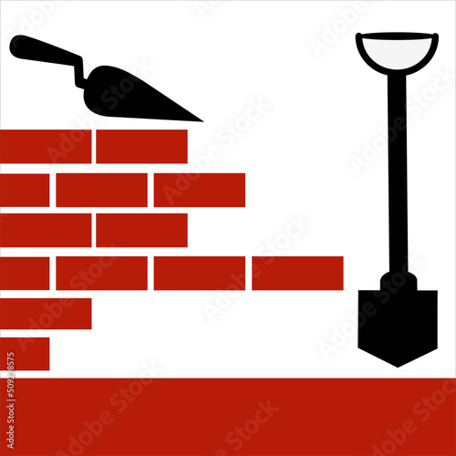 Construction of a wall or building. Bricks, shovel, cement. construction building with brick glyph icon vector. Vector illustration