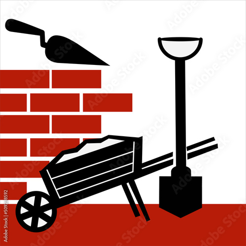 Construction of a wall or building. Bricks, shovel, cement. construction building with brick glyph icon vector. Vector illustration