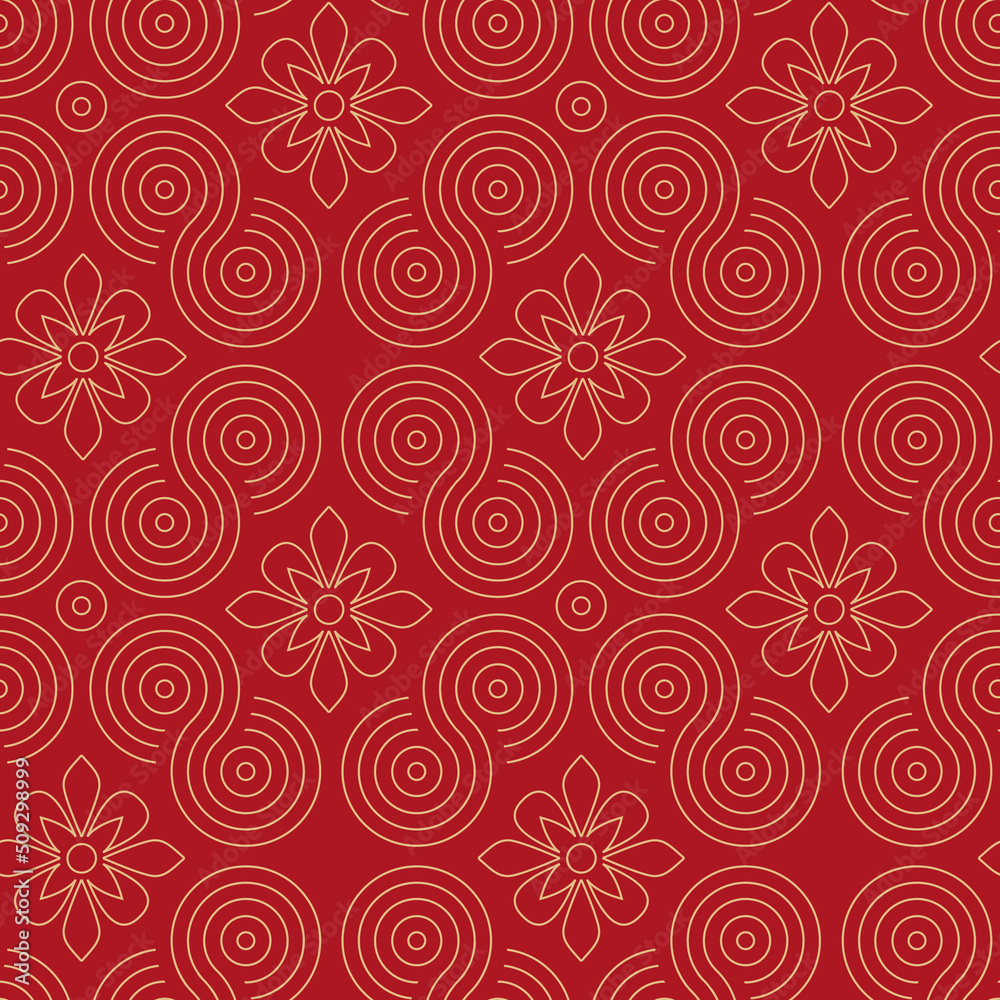 Seamless red background with yellow wavy pattern and flowers