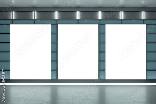 Front view on three blank white illuminated posters with place for your logo or text on abstract office transition area background. 3D rendering, mockup © Who is Danny
