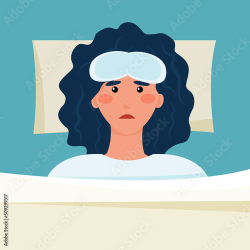 woman with insomnia. Frustrated cartoon character. Experience, anxiety, you need to take a vitamin for sleep. Vector illustration, flat