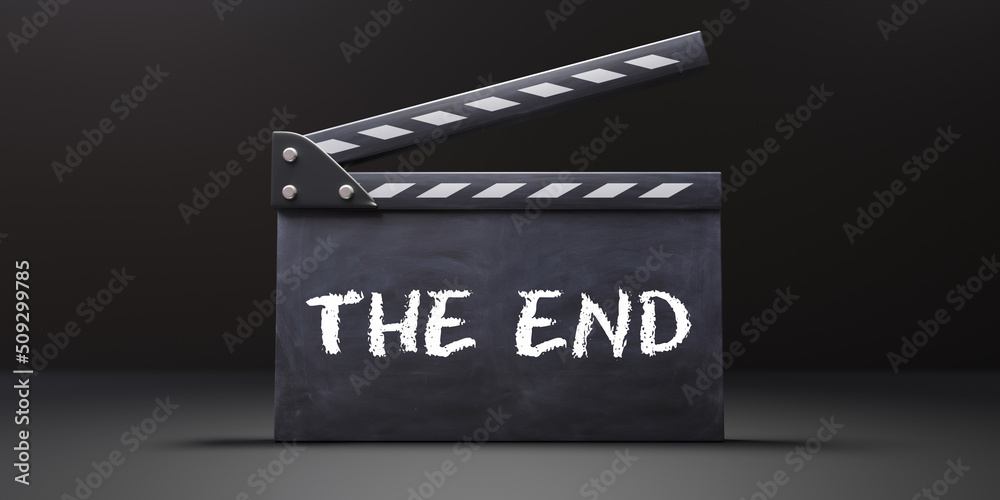 Movie clapper, THE END text on cinema scene clapperboard. Filmmaking, video production. 3d render