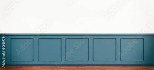 Beadboard wainscot blue decoration, empty white wall and wood floor, Interior room design. 3d render photo