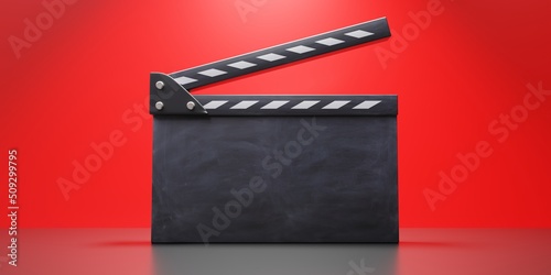 Canvas Print Movie clapper, blank empty clapperboard on red background, copy space