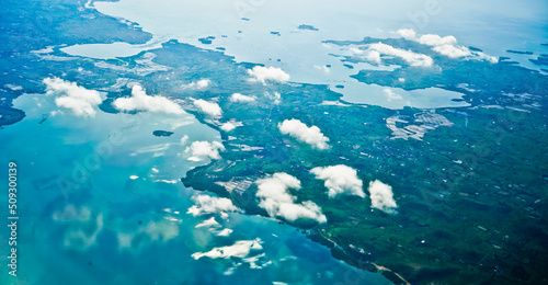 Jakarta Bay view from the airplane window that looks crowded and busy