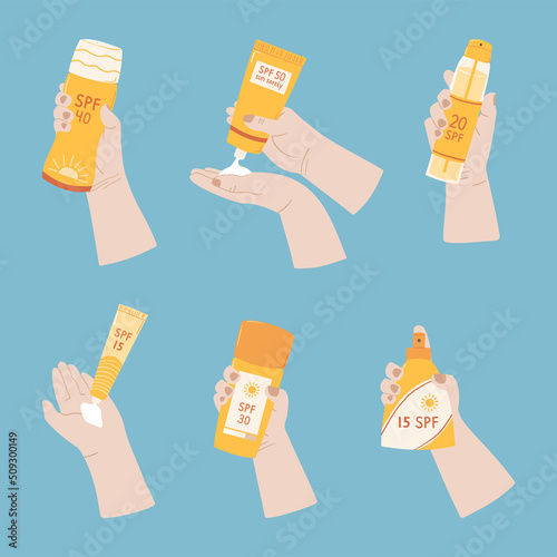 Set sunscreen in hands with SPF. Illustration summer cosmetic in hand drawn style. Collection skin care ultraviolet radiation products: tube, lotion, spray and gel. Vector
