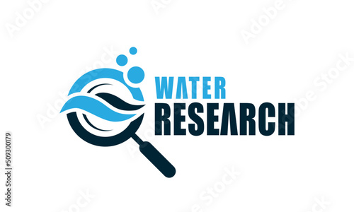 Environment Water Research Logo design vector icon symbol illustration Ocean sea water wave and magnifying research glass and water bubble. Perfect for environment and many creative business services.