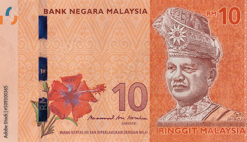 Close up on Malaysian Ringgit banknote. Malaysian money or bank notes.  photo