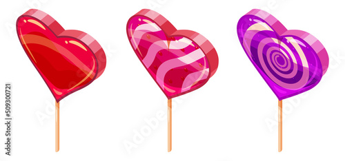 Set of Candy Sugar Heart Lollypops Isometric. Sweet food icon cartoon style