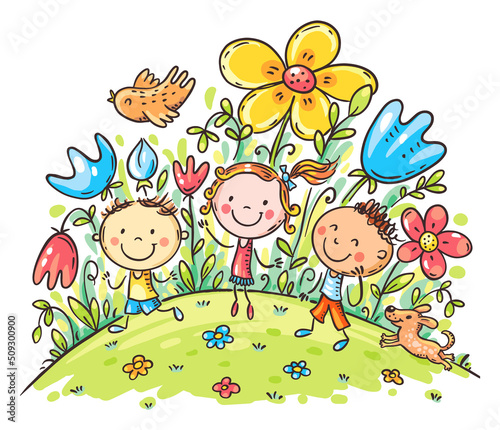 Cartoon doodle kids on flowering hill