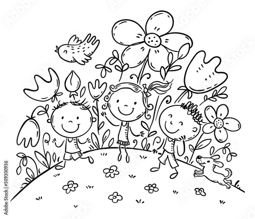 Outline doodle kids on flowering hill