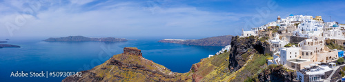 Fira town, with view of caldera, volcano and cruise ships, Santorini, Greece.  © gatsi