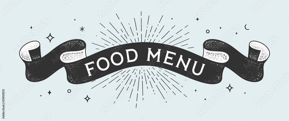 Food Menu. Vintage ribbon with text Food Menu. Black white vintage banner with ribbon, graphic design. Old school hand-drawn element for cafe, bar, restaurant, food menu. Vector Illustration