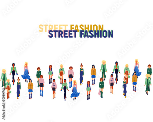 Stylish young women dressed in trendy clothes. Crowd of girls.