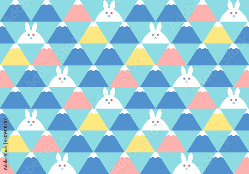 富士山とウサギのジオメトリックなパターン　シームレス（水色）