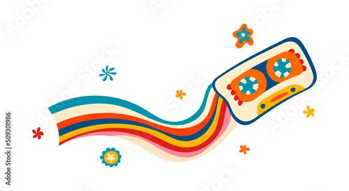 A groovy funky poster in the style of the 70s. Retro poster with audio cassette and rainbow, hippie flowers, postcard template. Youth illustrations in cartoon hippie style for T-shirts, postcards
