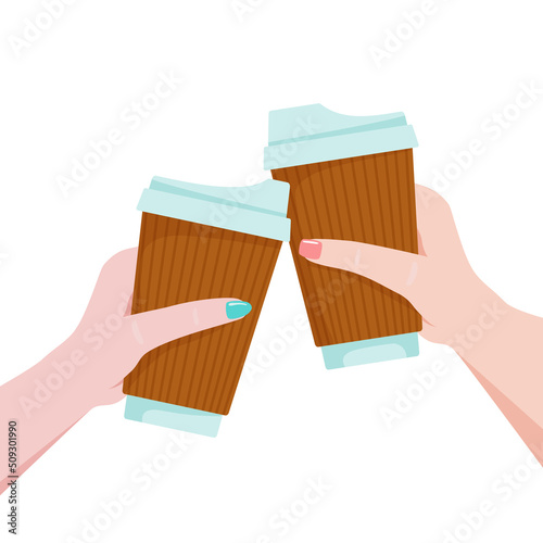 Two girls are holding cups of coffee in their hands. Two hands clink cups of coffee.