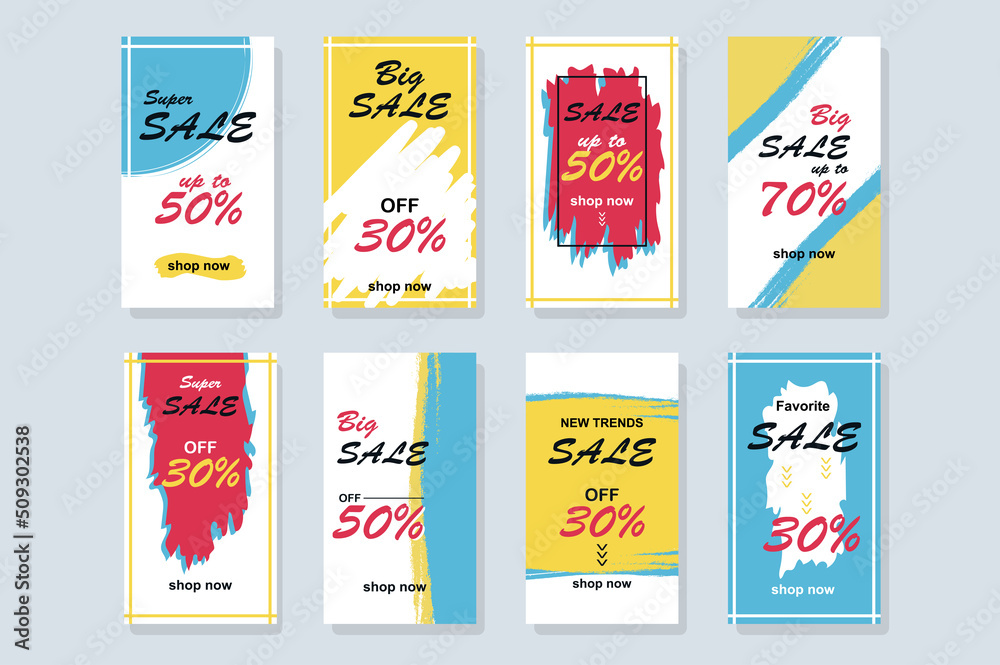 Big Sale template for instagram stories. Mockups design with abstract bright promo banners for making online purchases with discounts prices. Collection layouts for insta story at social network