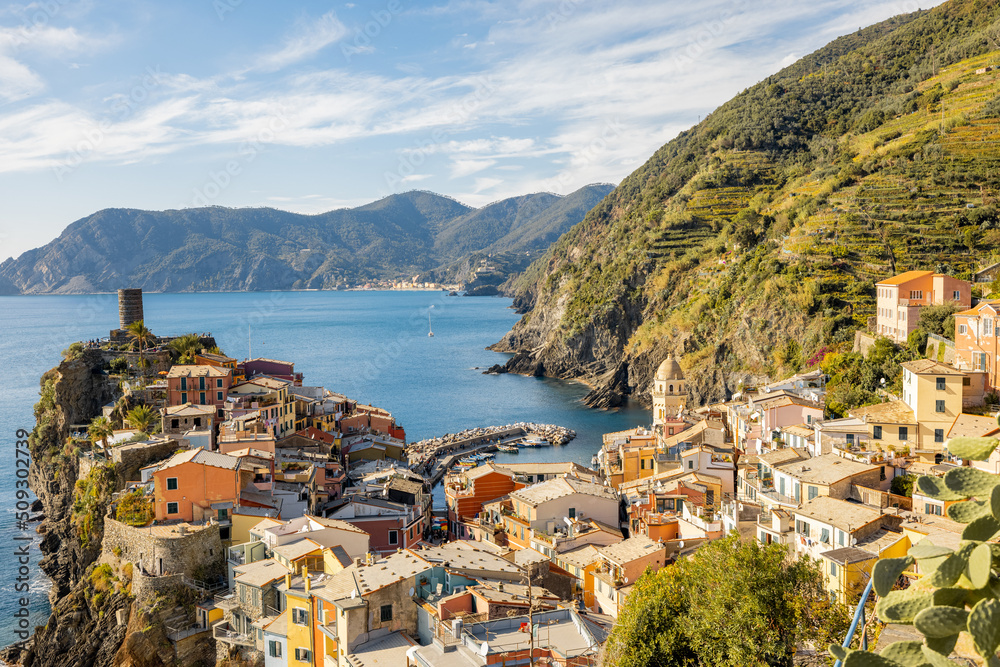 Landscape of coastline with Vernazza village in Italy
