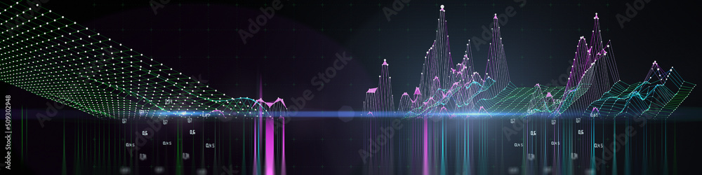 Abstract  background with 3d grid color and data. Technology concept. Big data.  Visual presentation on the analysis of big data.  Banner for business, science and technology .