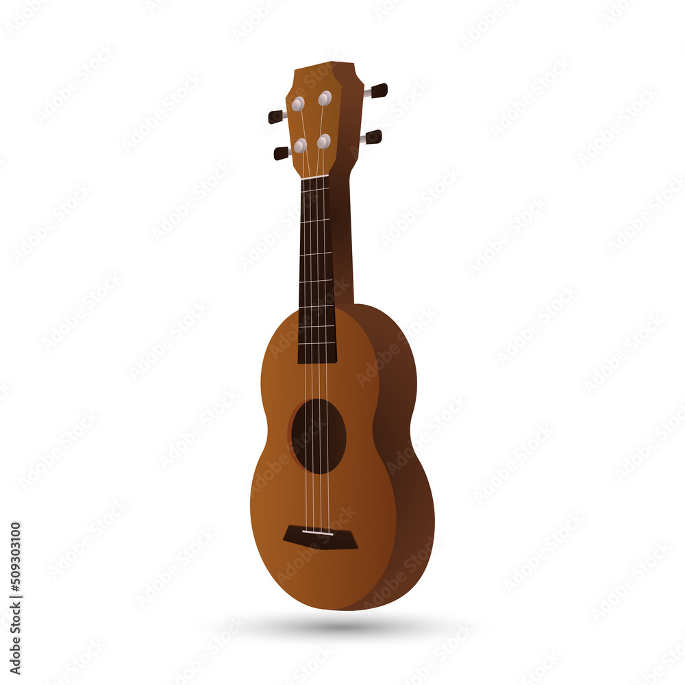 Fototapeta premium Ukulele brown small guitar, four strings with shadow. Music playing instrument from Hawaii. Vector illustration
