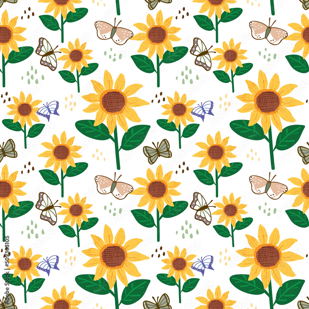 Seamless Pattern with Sunflower and Butterfly Design on White Background Seamless Pattern with Sunflower and Butterfly Design on White Background