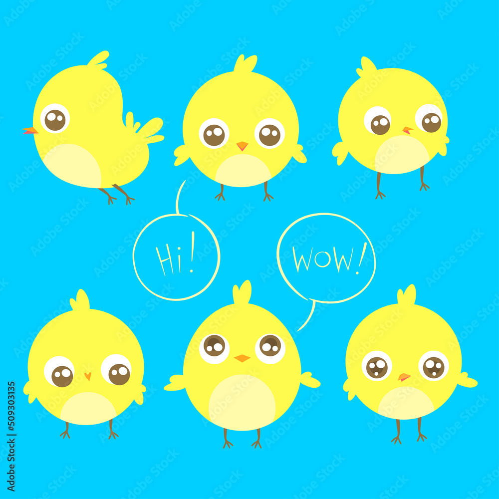 Obraz premium Little cartoon yellow chickens in different poses. Saying Hi and Wow Vector illustrations.