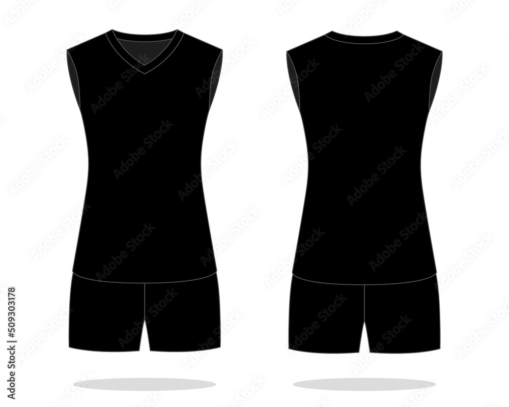 Women's blank black sleeveless volleyball jersey template on white