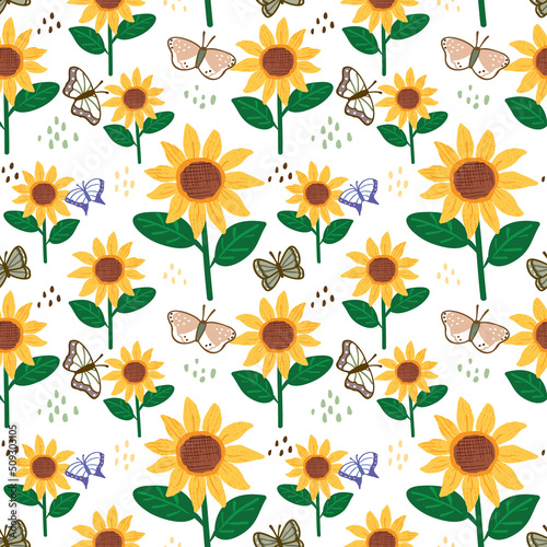 Seamless Pattern with Sunflower and Butterfly Design on White Background