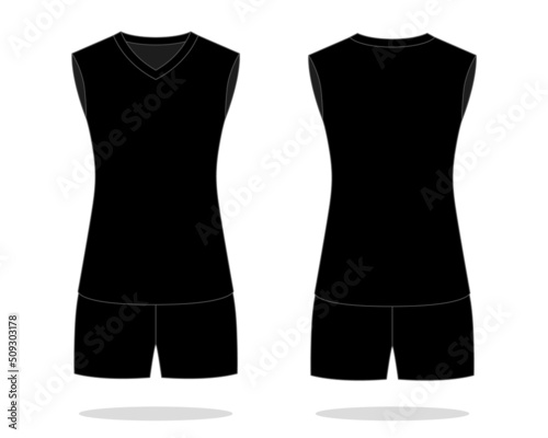 Women's blank black sleeveless volleyball jersey template on white background.Front and back view, vector file.