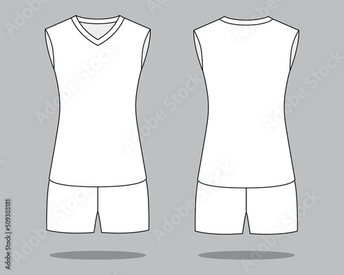Women's blank white sleeveless volleyball jersey template on gray background. Front and back view, vector file.