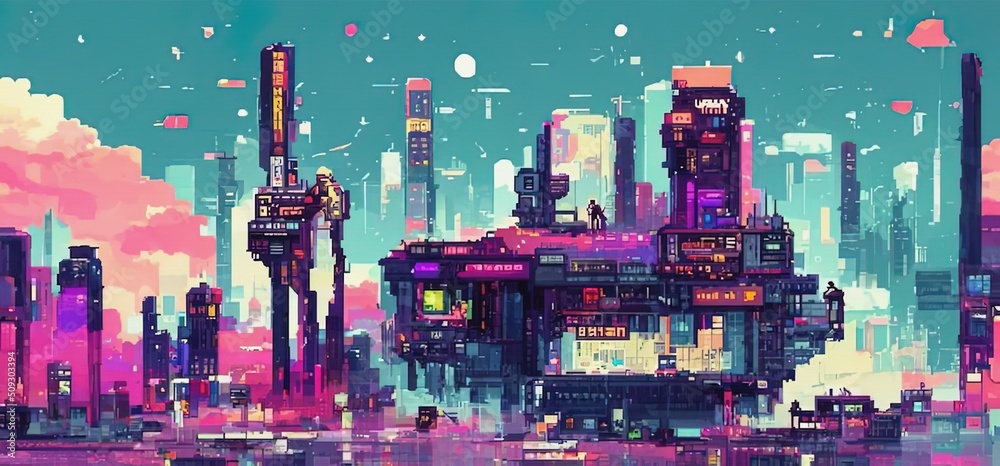 Cyberpunk city night. Retro futuristic pixel art composition. Future ...