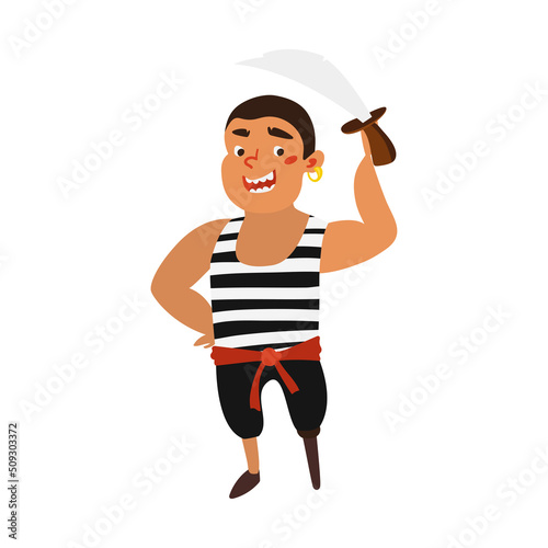 Vector pirate sailor with sword cartoon isolated on white. Illustration.