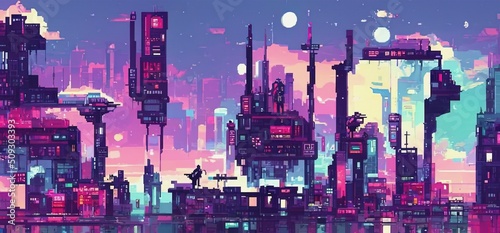 Cyberpunk city night. Retro futuristic pixel art composition. Future cityscape in a style of 80's. Urban wallpaper. 3D illustration. photo