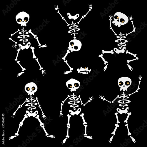 Funny skeletons in different poses vector elements for halloween design. On the dark background. Vector illustration.