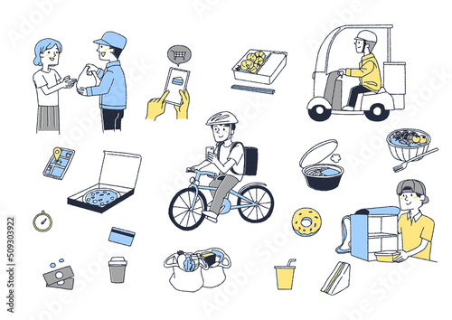 デリバリーサービスに関する人物イラストと食べ物のアイコンのセット　コミカルな手書きの人物