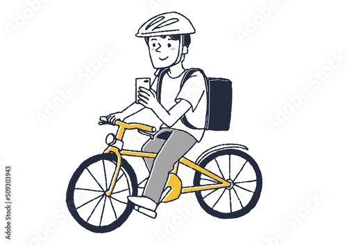 自転車で配達先の家を探すデリバリー配達員の男性　コミカルな手書きの人物　ベクター、温かみのある線画