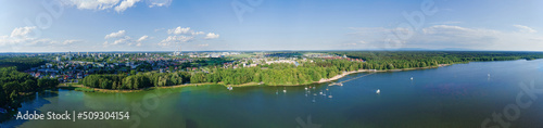 Leinwand Poster Lake view at Tychy and the surrounding nature landscape from Top