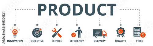 Product banner web icon vector illustration concept with icon of innovation, objective, service, efficiency, delivery, quality and price