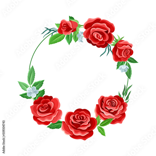 Round Rose Frame with Red Lush Bud and Green Leaves Arranged in Shape with Border Vector Illustration