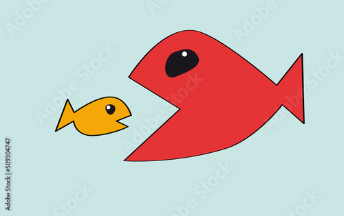 Big fish eat small fish. Metaphor of multinational company that makes small companies and manufacturing companies die. Vector drawing