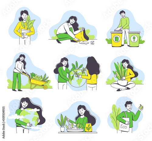 Saving Ecology with Young Man and Woman Caring about Green Planet and Nature Vector Set