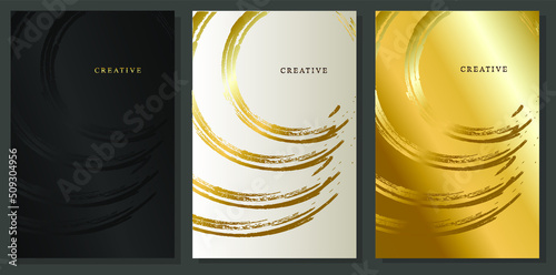 Luxury cover set. Brushed gold on black, platinum and gold background. Elegant brochures with space for logo.