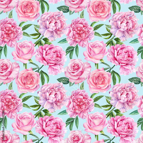 Peonies and roses flowers, watercolor illustration, Seamless pattern, floral background © Hanna