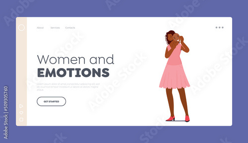 Women and Emotions Landing Page Template. Sad African Girl Hide Face behind of Smiling Mask. Upset Female Character