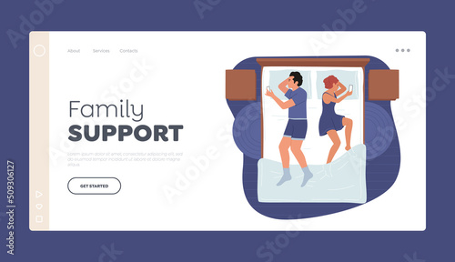 Family Support Landing Page Template. Young Couple Man and Woman Lying in Bed Back to Back Using Smartphones Top View