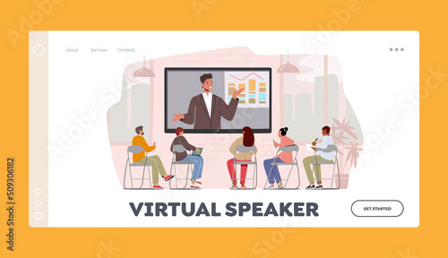 Virtual Speaker Landing Page Template. Business Characters Listen Tutor at Online Conference. Workers Watching Video