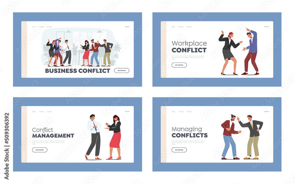 Characters Arguing in Office Landing Page Template Set. Angry Business Team Conflict, Furious Men and Women Quarrel