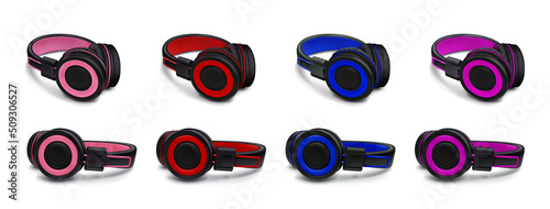 Headphones for listen music, dj audio headset isolated on white background. Vector realistic set of 3d black stereo earphones, accessory with sound speakers in side and angle view