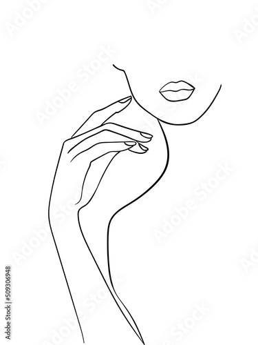Minimal line art woman with hand on face. Black Lines Drawing. - Vector illustration